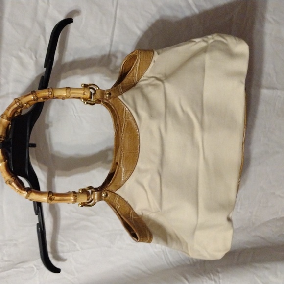 Vintage, women's handbag in canvas with imitation bamboo straps. - Picture 6 of 7